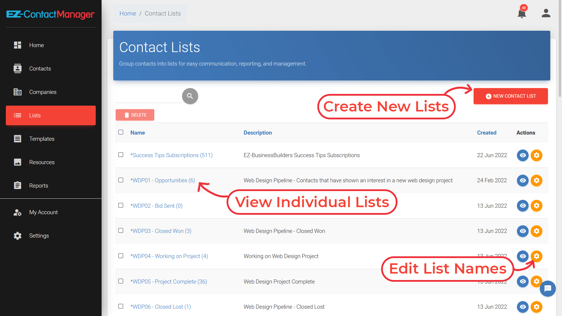 screenshot of EZ Contact Manager customer lists.