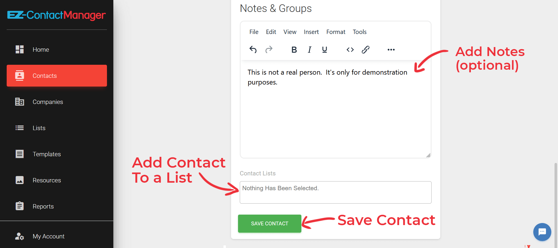 screenshot showing where to add notes and lists to a new contact.