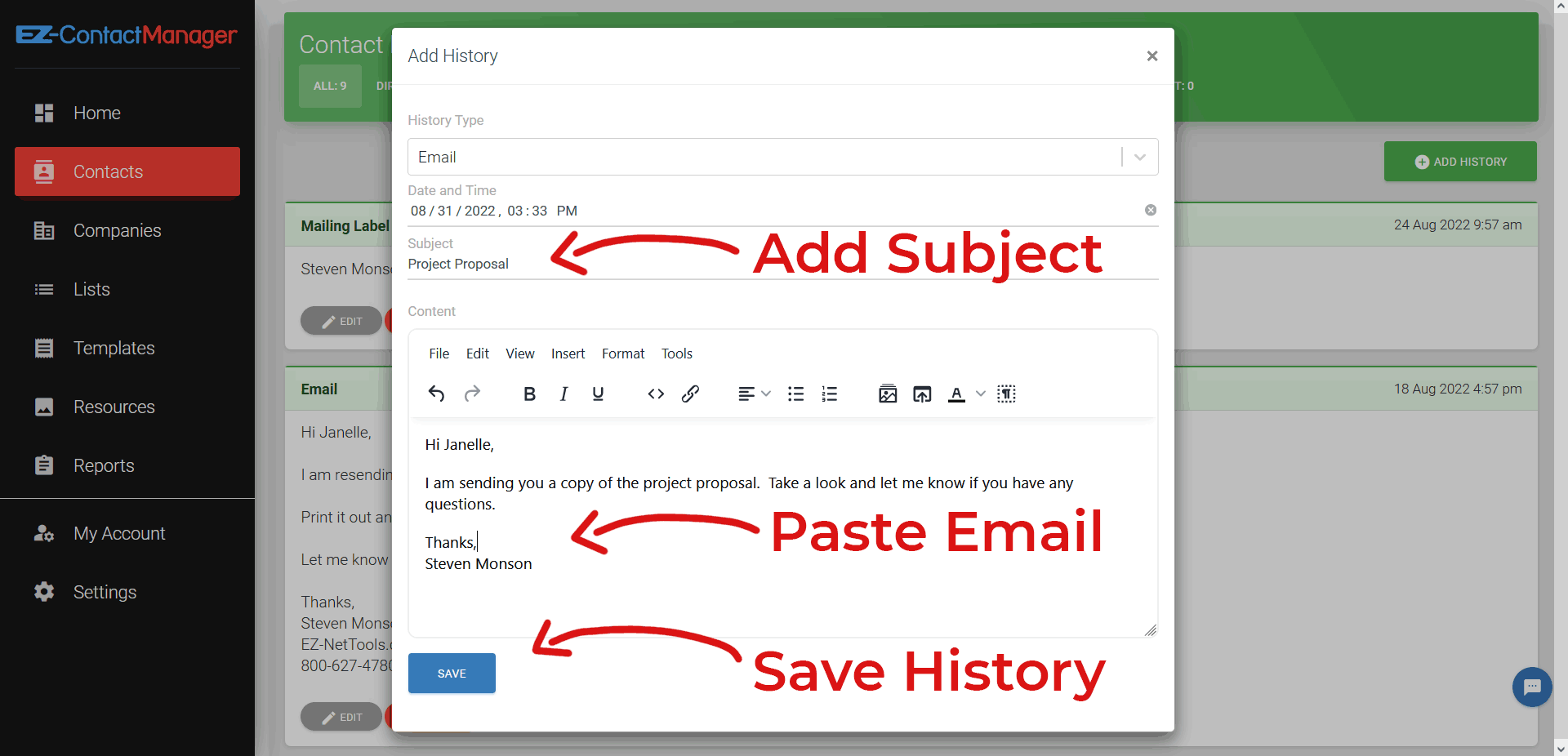 screenshot: add subject, paste email, and press save.